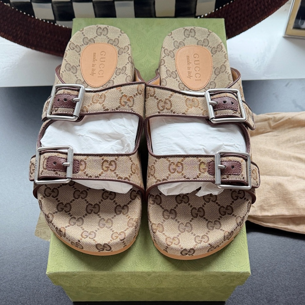 Gucci Beige and Brown Monogram Buckle Sandals